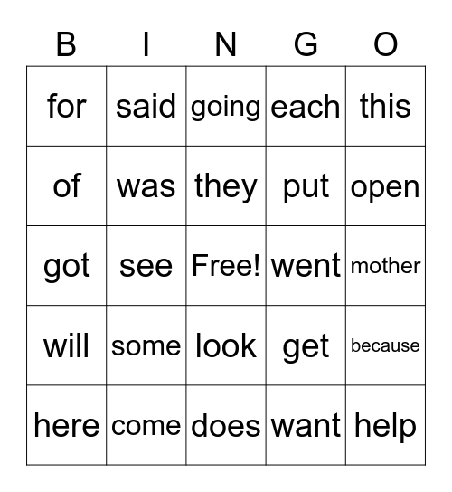 Sight Word BINGO #2 Bingo Card