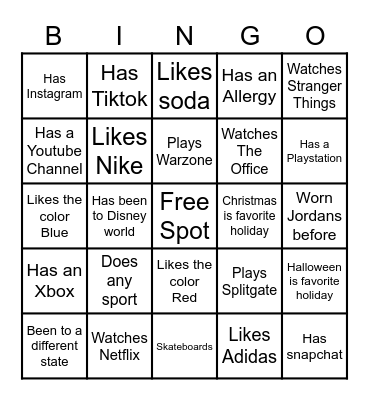 Student Bingo! Bingo Card