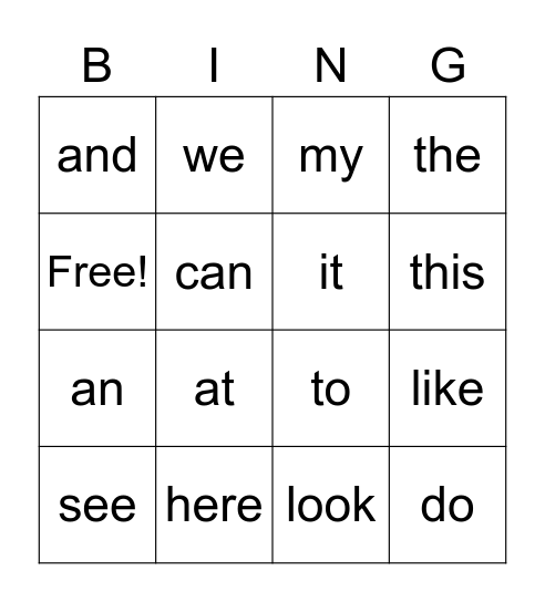 Snap Word Bingo Card