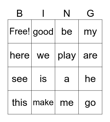 Sight Word Fun Bingo Card
