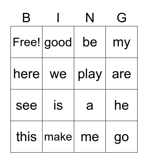 Sight Word Fun Bingo Card