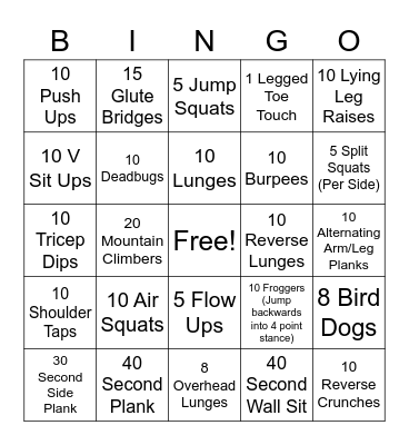 Tsui's Fitness BINGO Card