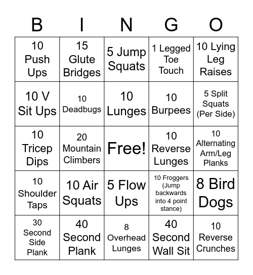 Tsui's Fitness BINGO Card