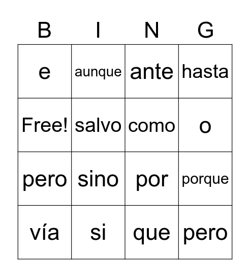 CONJUNCIONES Y PREPOSICIONES Bingo Card
