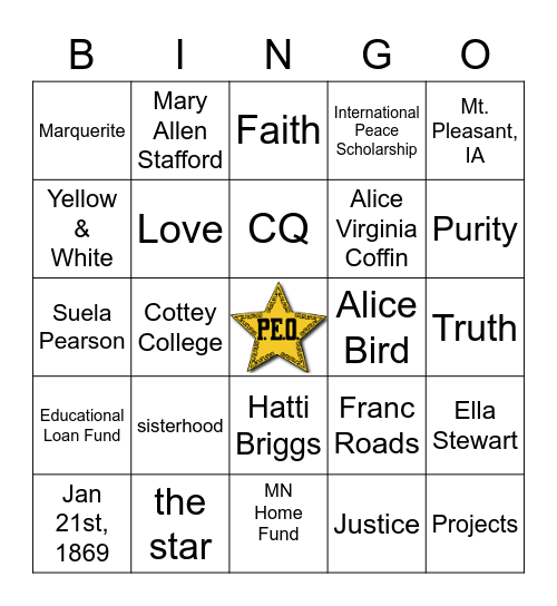 PEO Founder's Day Bingo Card