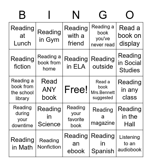 JK Reading Bingo Gr. 1-3 Bingo Card