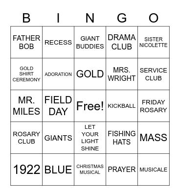 HOLY NAME Bingo Card