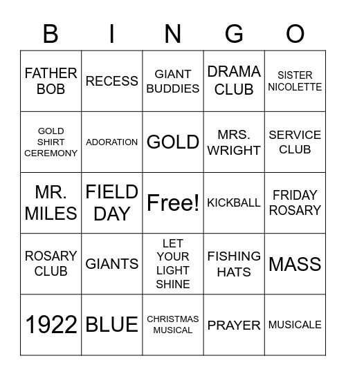 HOLY NAME Bingo Card