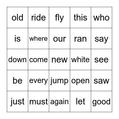 Sight Words Bingo Card