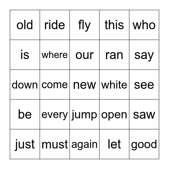 Sight Words Bingo Card