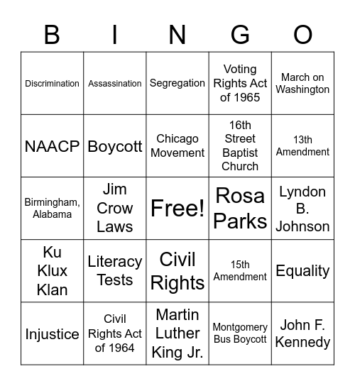 1960’s Civil Rights Movement Bingo Card