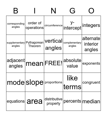 Pre-Algebra  Bingo Card