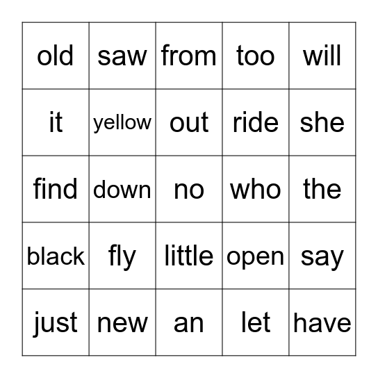 Sight Words Bingo Card