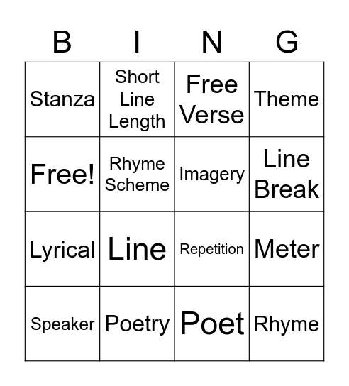 Poetry Vocabulary Bingo Card