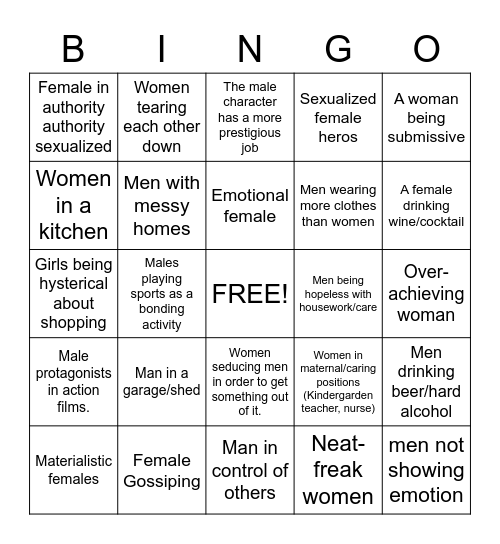 Gender Stereotypes Bingo Card