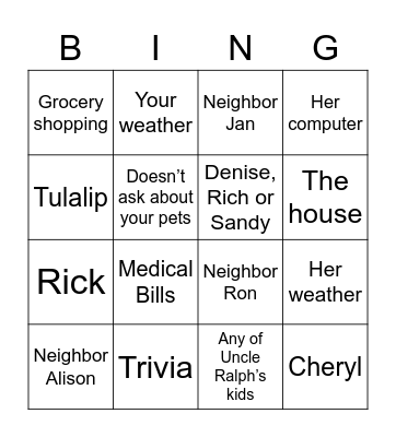 Mom Bingo Card