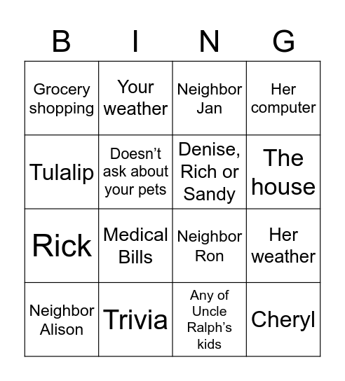 Mom Bingo Card