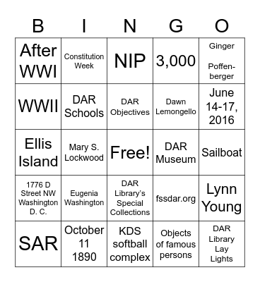 DAR Bingo Yellow  Bingo Card