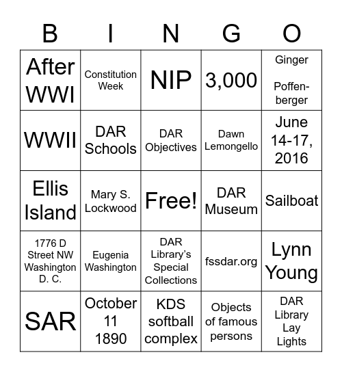 DAR Bingo Yellow  Bingo Card