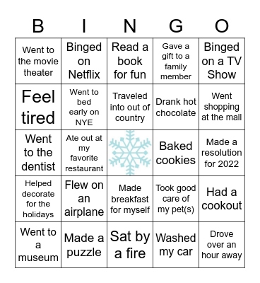 Winter Break Activities Bingo Card