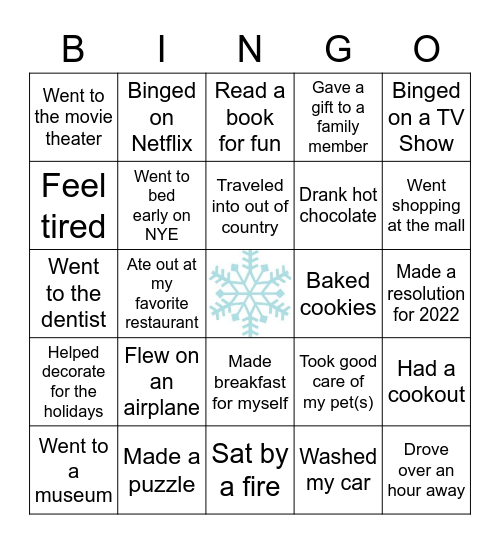 Winter Break Activities Bingo Card