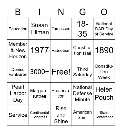 DAR Bingo Card