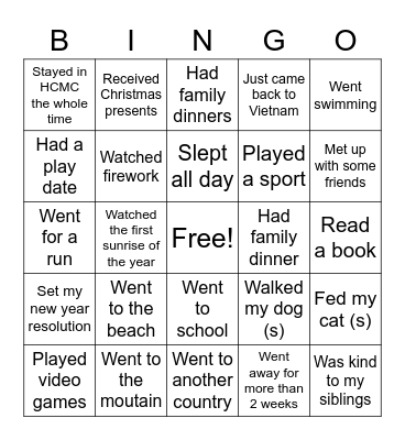 Winter holiday Bingo Card