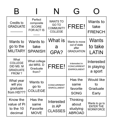 HIGH SCHOOL AND BEYOND Bingo Card