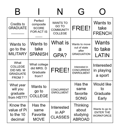 HIGH SCHOOL AND BEYOND Bingo Card