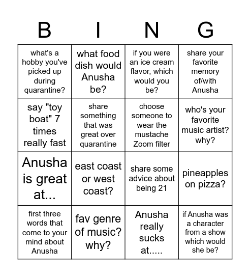 Anusha's 21st! Bingo Card