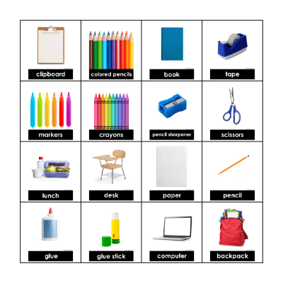 School Supplies Bingo Card