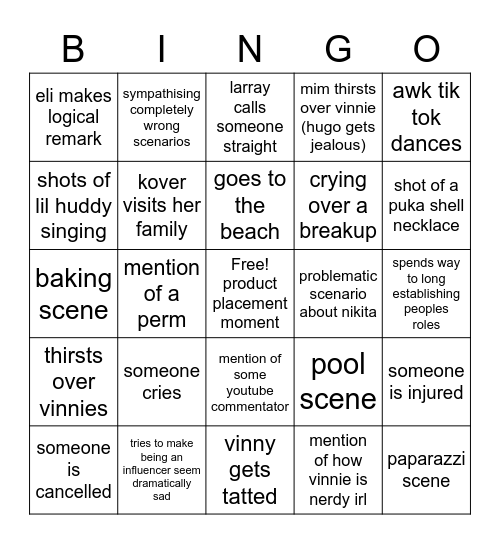 Hype House Bingo Card