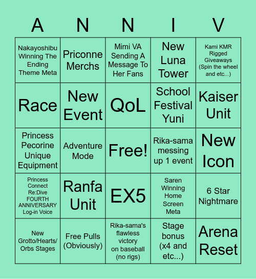 Priconne Fes Bingo Card