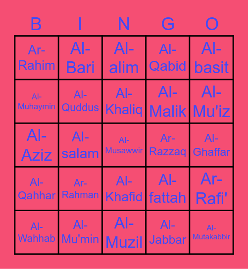 allah's names 1-25 Bingo Card