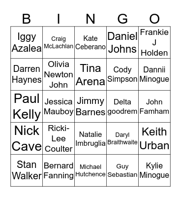 Australian Singers Bingo Card