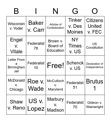Required Supreme Court Cases and Foundational Documents Bingo Card