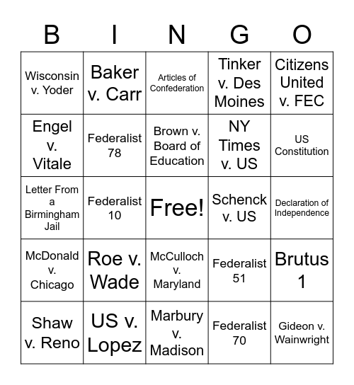 Required Supreme Court Cases and Foundational Documents Bingo Card