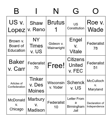 Required Supreme Court Cases and Foundational Documents Bingo Card
