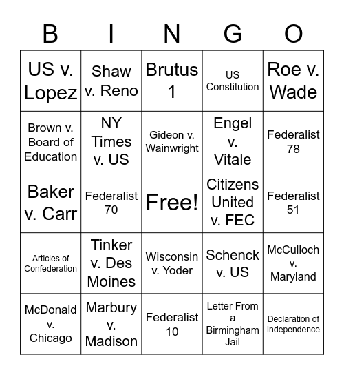 Required Supreme Court Cases and Foundational Documents Bingo Card