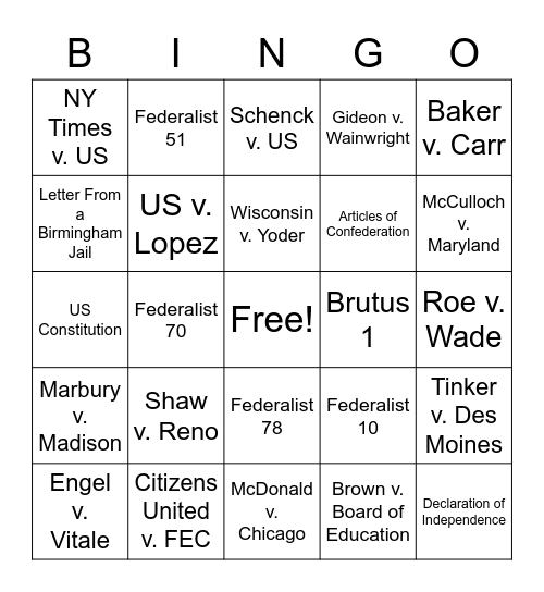 Required Supreme Court Cases and Foundational Documents Bingo Card