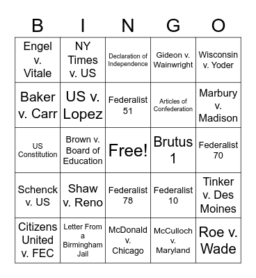 Required Supreme Court Cases and Foundational Documents Bingo Card