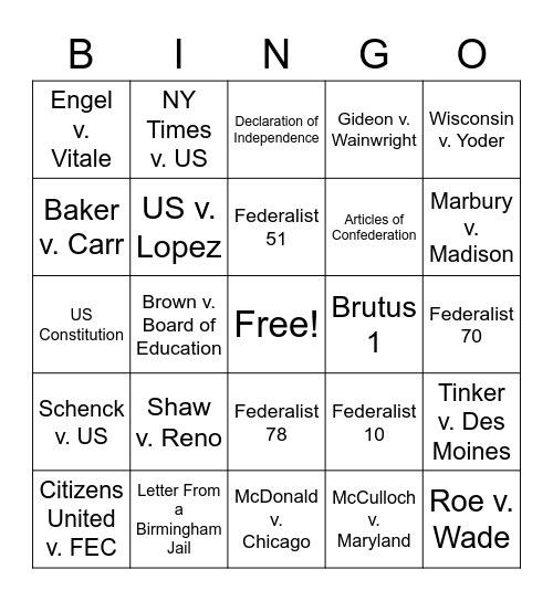 Required Supreme Court Cases And Foundational Documents Bingo Card