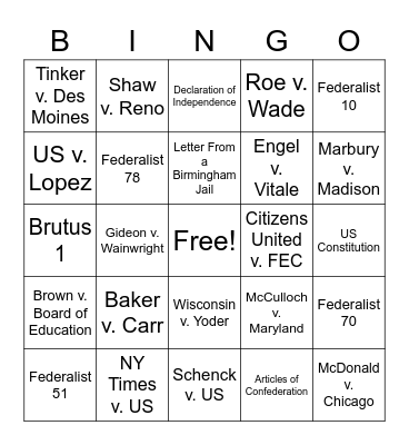 Required Supreme Court Cases and Foundational Documents Bingo Card