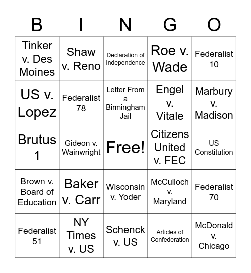 Required Supreme Court Cases and Foundational Documents Bingo Card