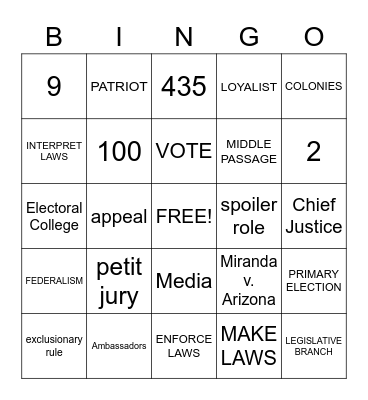 Civics Review Bingo Card