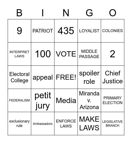 Civics Review Bingo Card