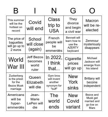 Colinet English class (best class) 2022 predictions Bingo Card