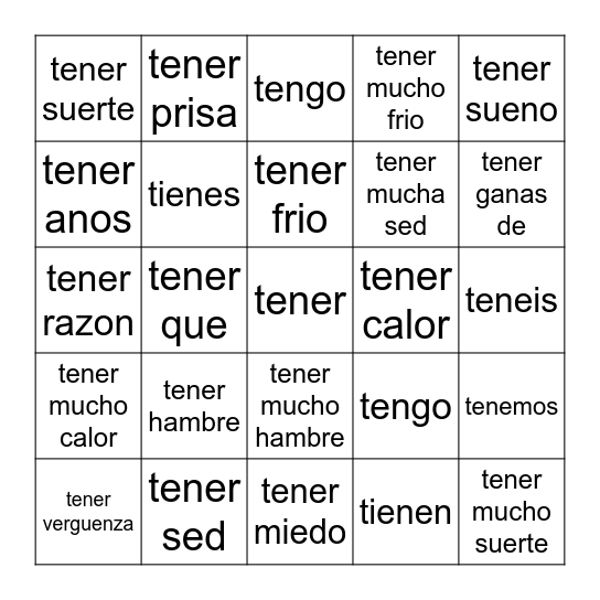 Las Idiomas con TENER Bingo Card