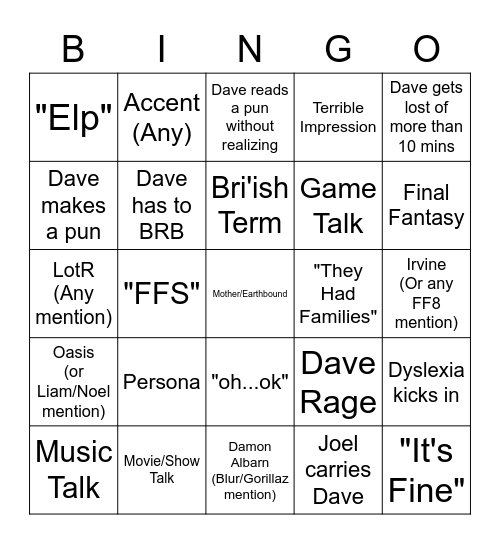 Dave Bingo 2022 Bingo Card