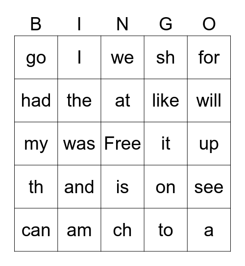 Kindergarten Sight Word Bingo Card